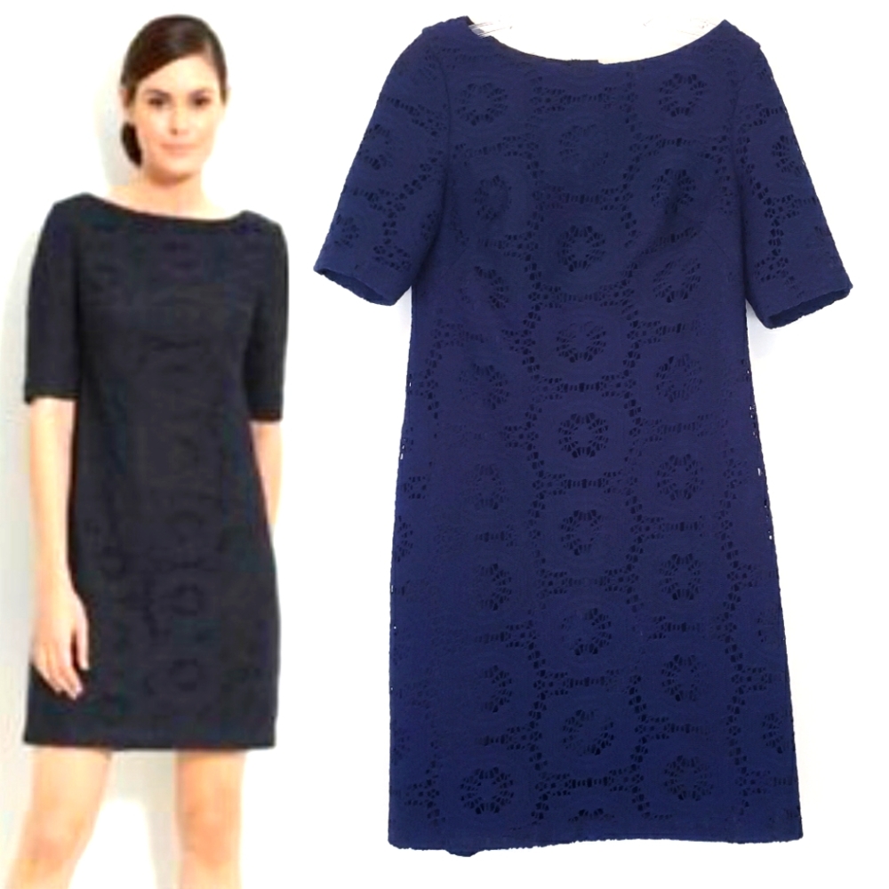 Adrianna Papell Navy Blue Lace Elbow Sleeve Dress Shift Dress Navy Blue Size 8